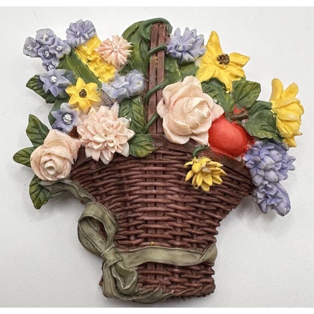 Artisan Flair Floral Basket w/ Multicolored Flowers Vintageโ Brooch Pin
